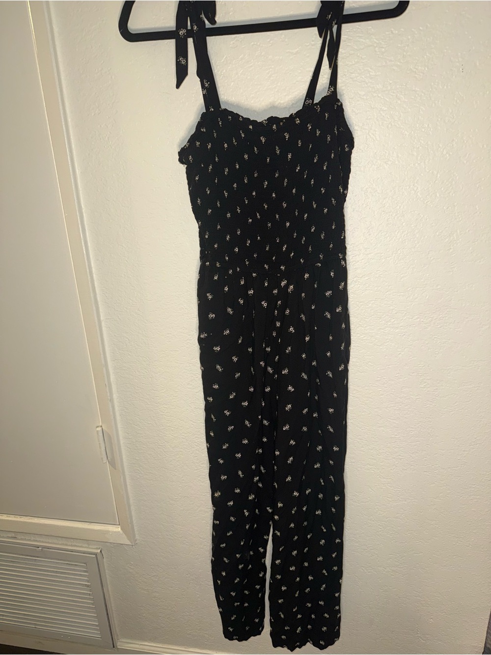 Hollister Black Floral Smocked Tie-Shoulder Jumpsuit